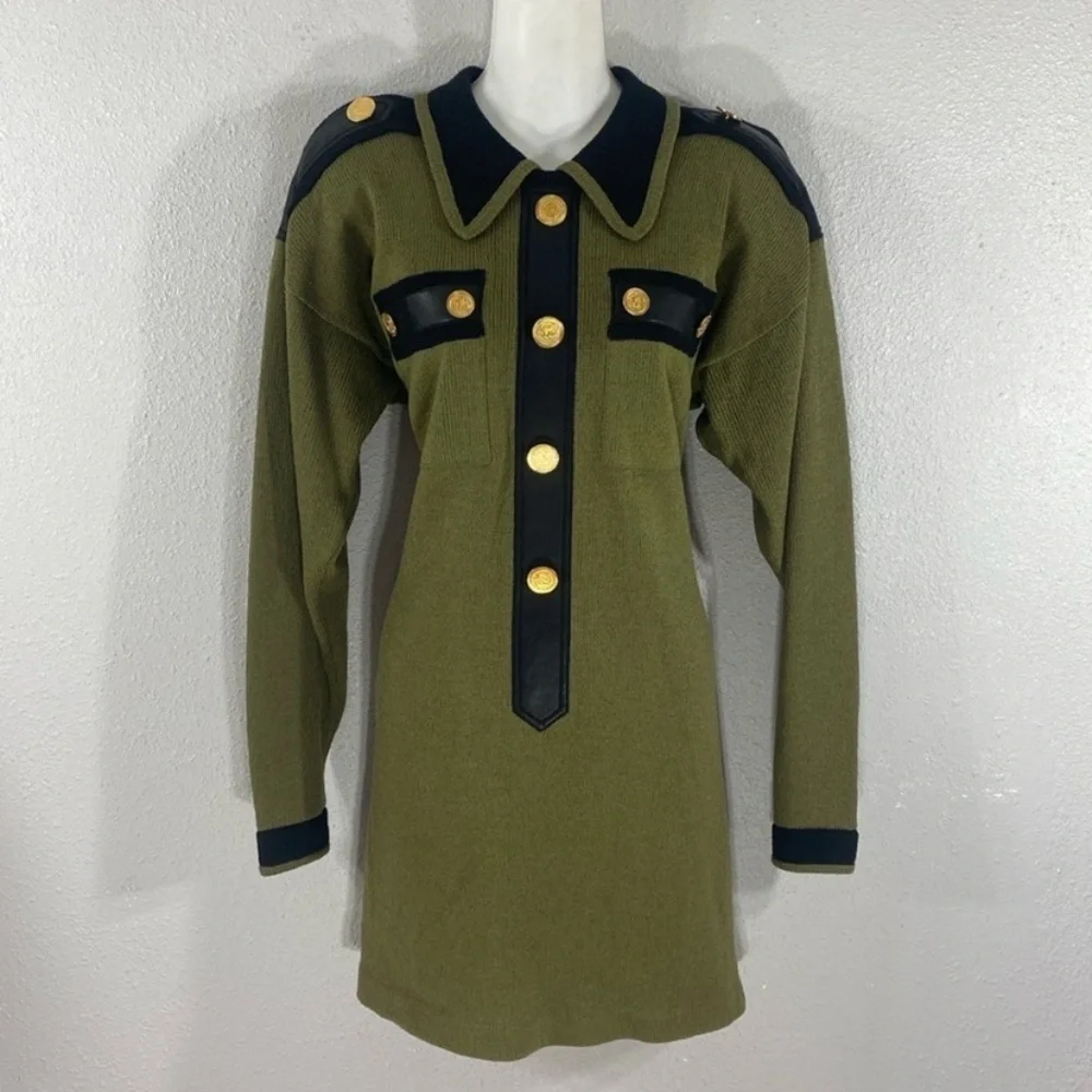 Vintage Cache green black knit military influenced dress Medium M W3 - Picture 5 of 12